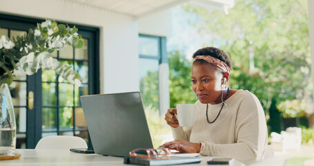 Laptop, coffee and black woman with earphones for remote work, creative career and copywriting....