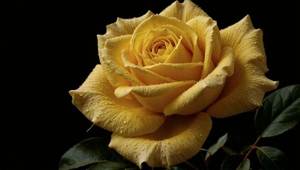 Close-up of a yellow rose with delicate dewdrops on its petals against a black background