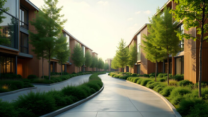 Fototapeta premium A modern residential street showcases sustainable design and lush greenery, promoting a serene and eco conscious lifestyle in an urban environment