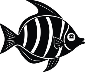 Stylized Monochrome Tropical Fish Illustration with White Stripes and Minimalist Design