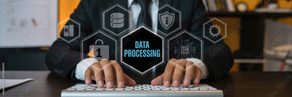 Fototapete businessperson typing on a computer keyboard with data processing icons displayed.