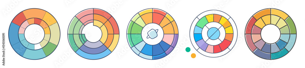 Aufkleber collection of five colorful donut chart illustrations displaying various color distributions
