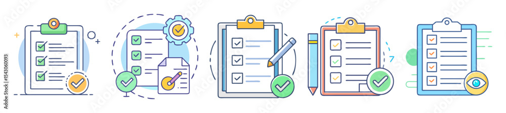 Poster checklist variations for task management and productivity illustrating project completion and review