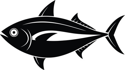 Stylized black and white graphic illustration of a powerful predatory tuna fish