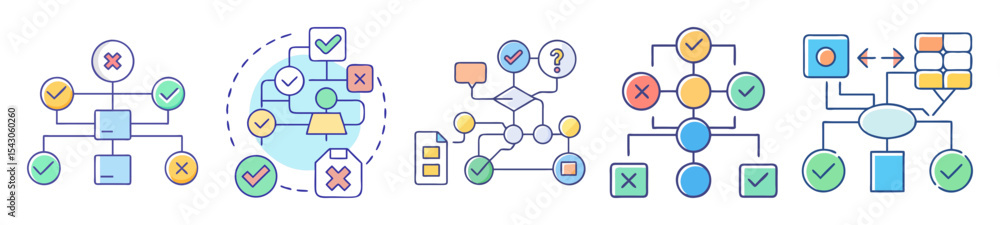 Poster diverse set of stylized flowchart diagrams visualizing processes and decision making steps