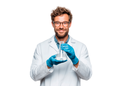 Scientist holding flask for experiment in laboratory setting on transparent background, PNG