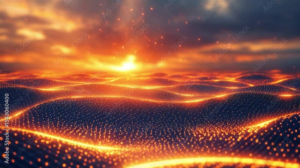 Poster Celestial Sunrise Over Serene Terrain: An abstract visualization of a serene landscape where undulating waves of digital particles glow with the warmth of the setting sun and a darkened sky.