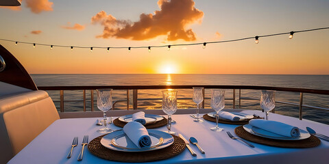 Elegant Yacht Dining Table at Sunset with Ocean View

