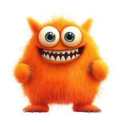 Happy orange furry monster cartoon smiles joyfully on a plain white backdrop, Happy Orange Furry Monster Cartoon realistic on white background