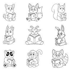 Cute animals reading books line art