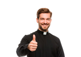 Happy priest giving thumbs up gesture for positive church concept on transparent background, PNG