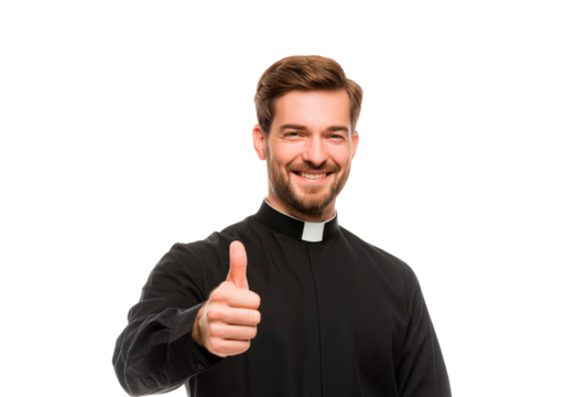 Happy priest giving thumbs up gesture for positive church concept on transparent background, PNG