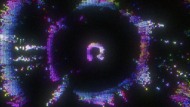 4K Seamless loop of glitch wave animation with pixelated RGB distortion forming circular pulse, CRT scanlines and analog flicker for motion graphics overlay, screen mode, abstract data ripple