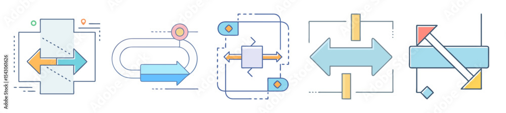 Poster abstract vector icons depicting business processes, data flow, and transformation schemes