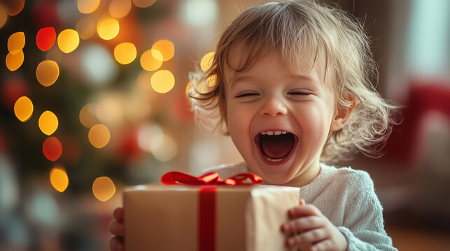 Excited child opening christmas present - pure joy concept