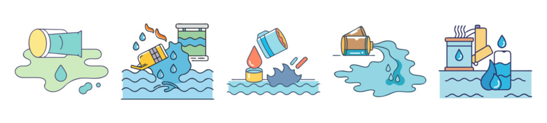 Series of illustrations depicting various instances of environmental pollution and contamination