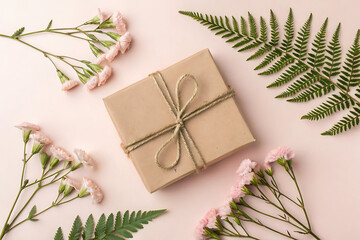 Gift wrapped in kraft paper with pink flowers and ferns