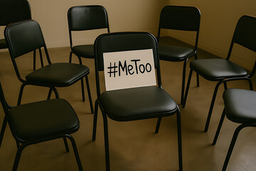 A circle of black chairs with a metoo sign on one chair indicating a support group meeting location