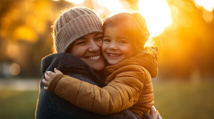 Fototapeta premium Mom hugging her child in park at autumn golden hour - emotional connection