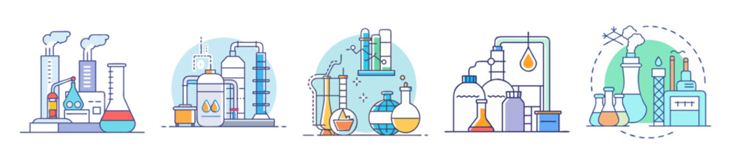Chemical Industry and Production Concept with Different Chemical Factory Designs and Setups
