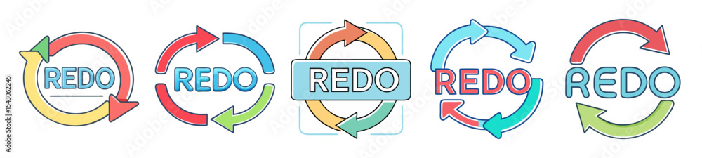 Poster various colorful redo button icons with circular arrows, a visual guide