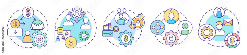 Poster workflow diagrams illustrating business process management and optimization with key performance ind