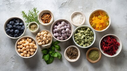 An eye-level shot displays an assortment of healthy colorful snacks neatly arranged in individual small bowls on a textured neutral surface, perfect for mindful eating.