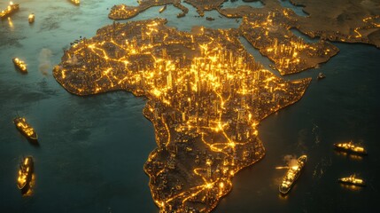 Africa continent, lit by city lights, overlaid on a world map.  Ships in the water