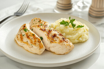 Creamy chicken breast with mashed potatoes on white marble surface, elegant comfort food plated meal presentation