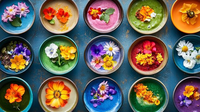 top view of colorful smoothie bowls with edible flowers and superfoods .
