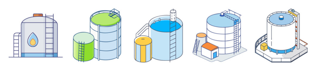 Isometric illustrations of various industrial tanks and storage containers with vibrant colors