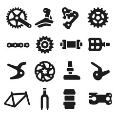 Bicycle Parts Icons. Solid style icons of bicycle parts: crankset, front derailleur, rear derailleur, chainring, bike chain,