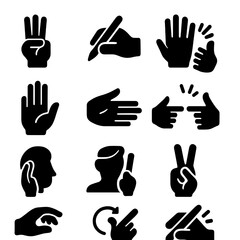 Fototapeta premium Hand Gesture Icons. Solid style icons of hand gestures: three-finger salute, writing hand, counting fingers, applause clapping,