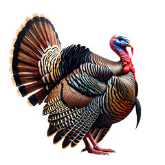 A colorful turkey with its feathers spread isolated on  white, transparent background, no background 