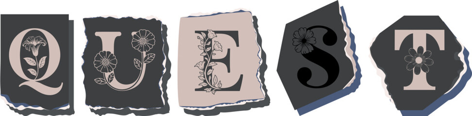 QUEST Floral Typography of a Concept Word � Elegant Torn Paper Letter Design