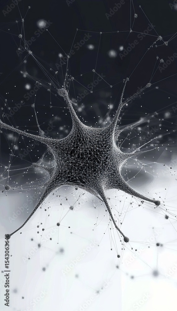 Poster intricate brain cell network abstract illustration in a futuristic dark style with isolated neurons