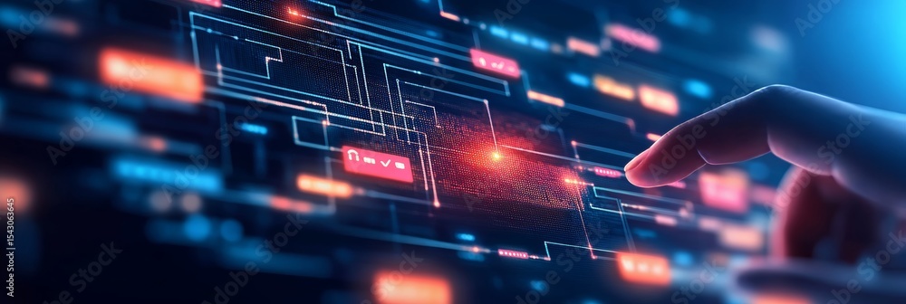 Poster futuristic interface with digital screen and visualized communication for it systems and technology