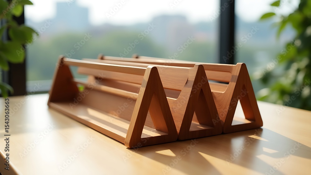 Poster a modern wooden triangular shelf sits on a table near a window