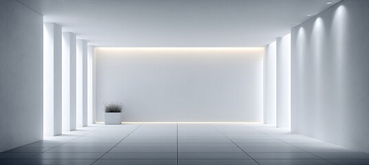Bright and Spacious Modern Office Hallway Featuring Recessed Lighting and Minimalist Design Elements