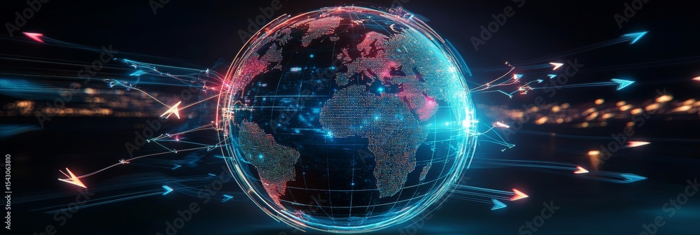 Poster futuristic world atlas showcasing global connectivity through dynamic digital network and arrows