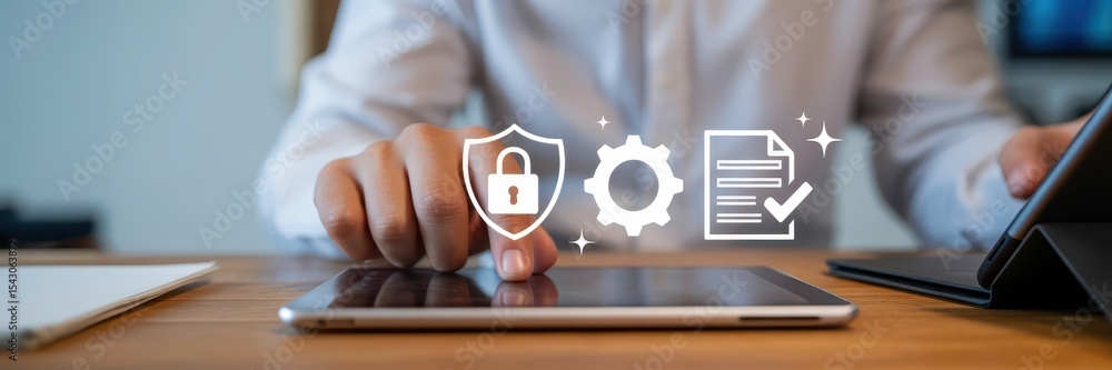 Poster person using a tablet with security and document icons.