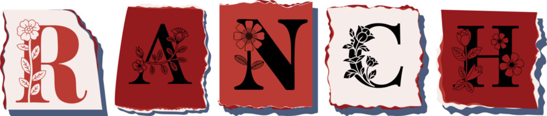 RANCH Floral Typography of a Concept Word � Elegant Torn Paper Letter Design