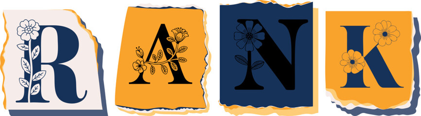 RANK Floral Typography of a Concept Word � Elegant Torn Paper Letter Design