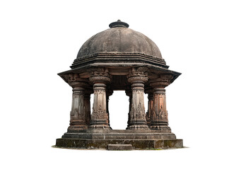 Ancient stone pavilion with intricate carvings and pillars on transparent background, PNG
