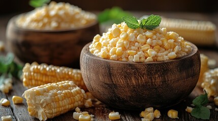 Wooden Bowls of Prepared Corn Kernels, Fresh Corn on Cob on Wooden Table