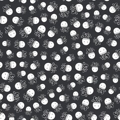 Seamless pattern with cute cartoon jellyfish in simple black outline doodle style on a black background