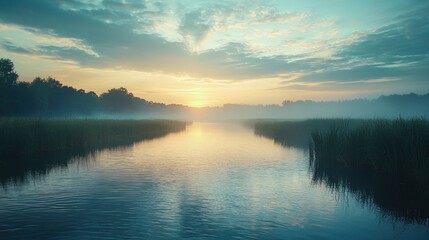 Fototapeta premium Reflective Waters at Sunset Tranquil Landscape with Sunlight and Trees Calm Waters Reflecting Soft Colors
