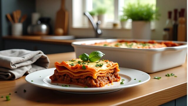 Beef lasagna served on plate in cozy kitchen setting qqq