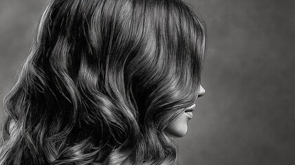 Woman's wavy hair profile, studio shot, dark background, beauty