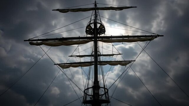 Dramatic ship mast and sails against a stormy sky